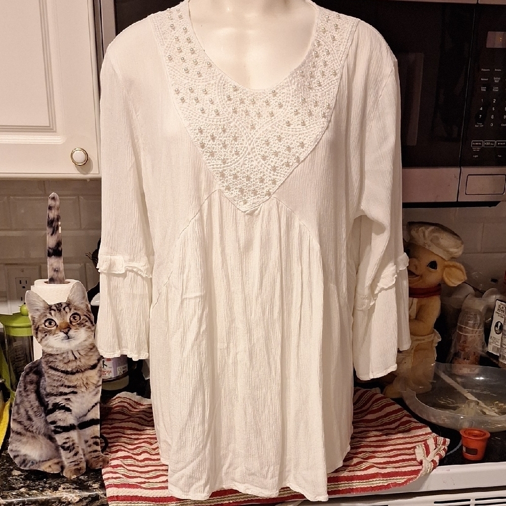 o Womens Cal Style White Stretch 3/4 Sleeve Plus Size Top 2X